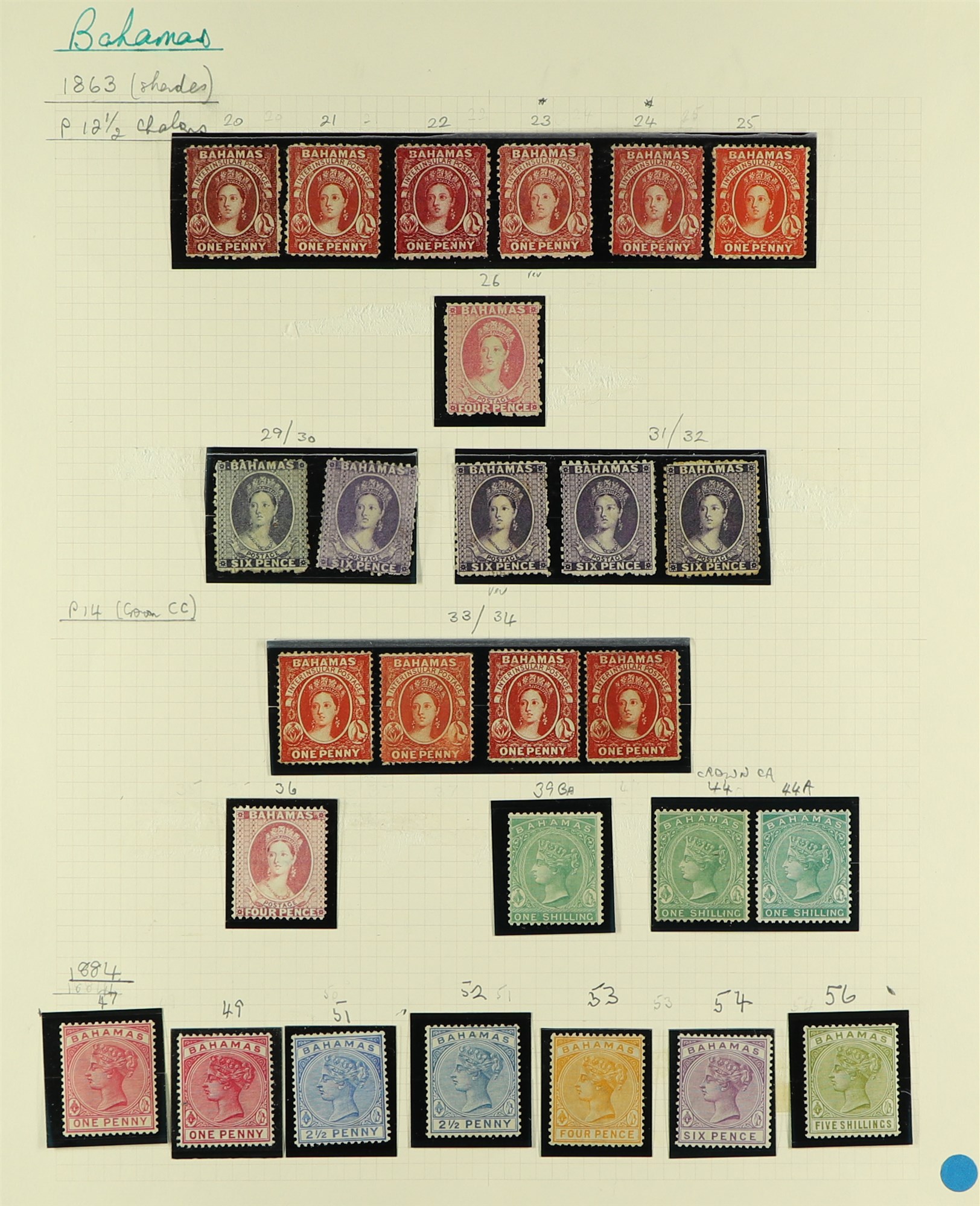 BAHAMAS 1863 - 1884 MINT / UNUSED COLLECTION of 27 stamps on album page, several earlier stamps