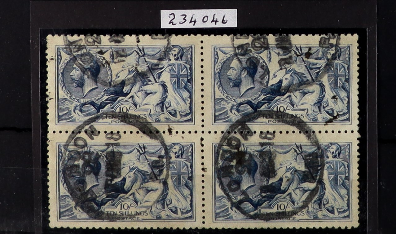 GB.GEORGE V 1915 10s deep blue De La Rue Seahorse, SG 411, used block 4 with London 1918 cds