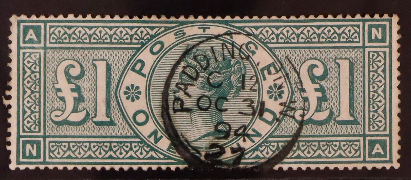 GB.QUEEN VICTORIA 1891 £1 green, SG 212, used with neat Paddington cds of OCT 31 94. Very fine,