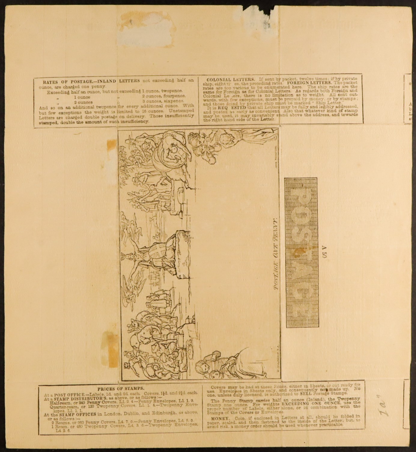 GB.QUEEN VICTORIA 1840 1d black Mulready letter sheet (stereo A50) with SCOTTISH LAW FIRE AND LIFE