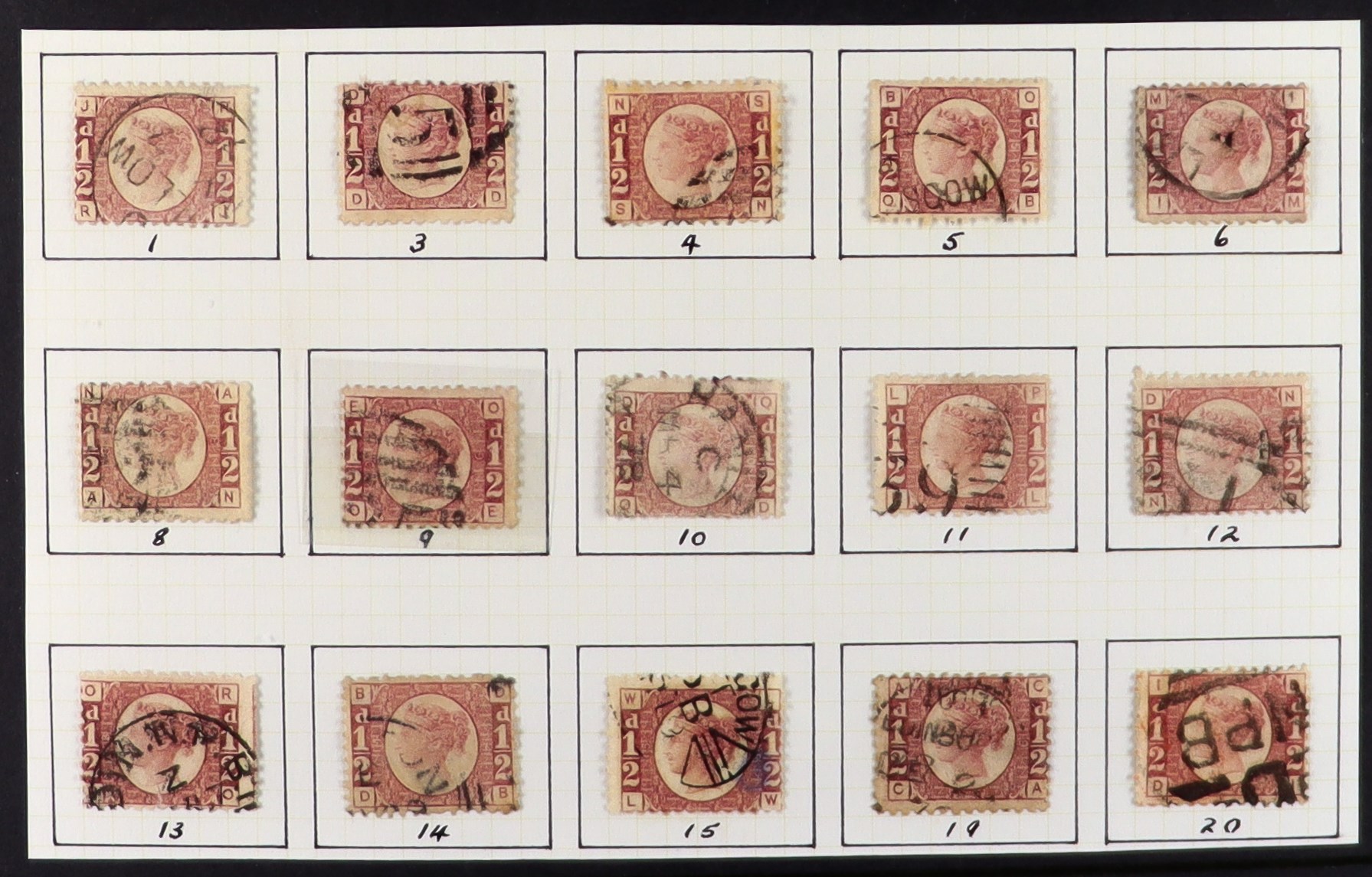 GB.QUEEN VICTORIA 1870 ½d rose complete set of plates 1-20, fine - very fine used, the plate 9
