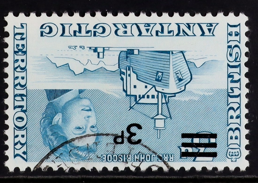 BR. ANTARCTIC TERR. 1971 3p on 3d blue surcharge WATERMARK INVERTED, SG 29w, used.