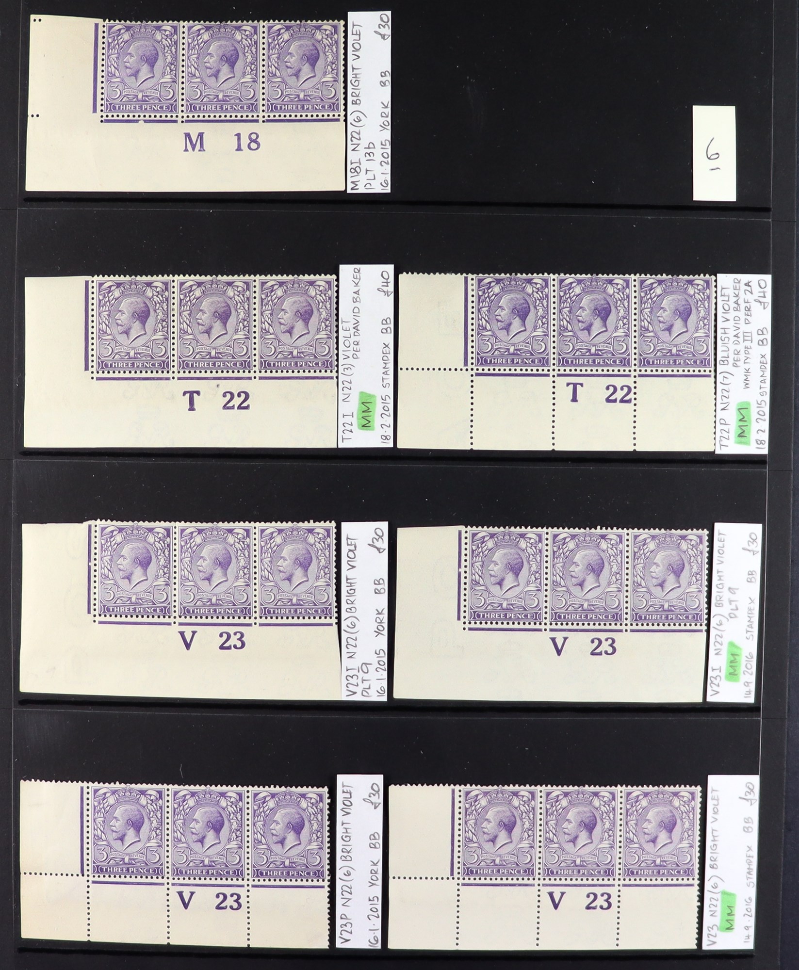 GB.GEORGE V 1912-24 3d VIOLETS - SPECIALIZED CONTROL NUMBERS COLLECTION of mint (much never hinged - Image 4 of 8