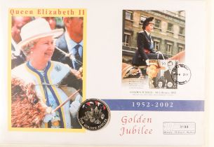 COIN COVERS 2002 QEII GOLDEN JUBILEE world collection in eight albums, includes over ten with £5