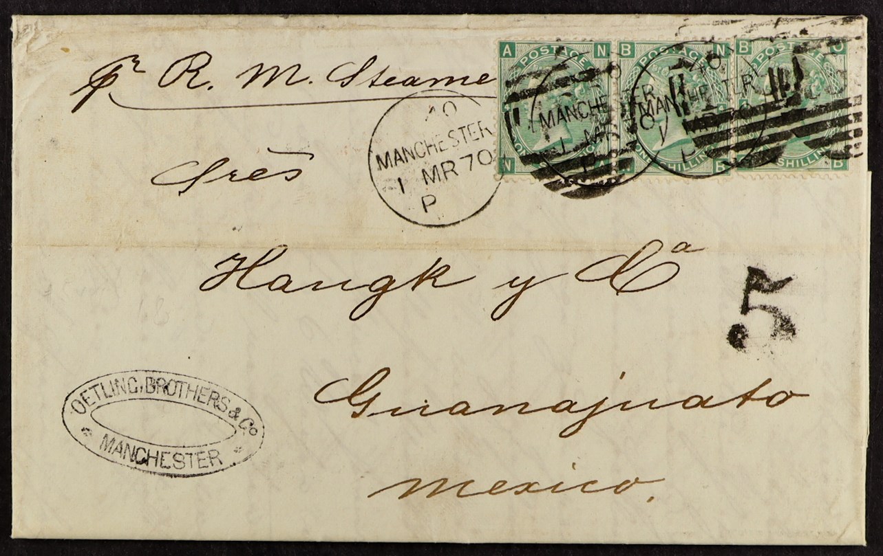 GB.QUEEN VICTORIA 1870 (1 Mar) EL 'per R. M. Steamer'  to Mexico bearing three 1s green plate 15 (