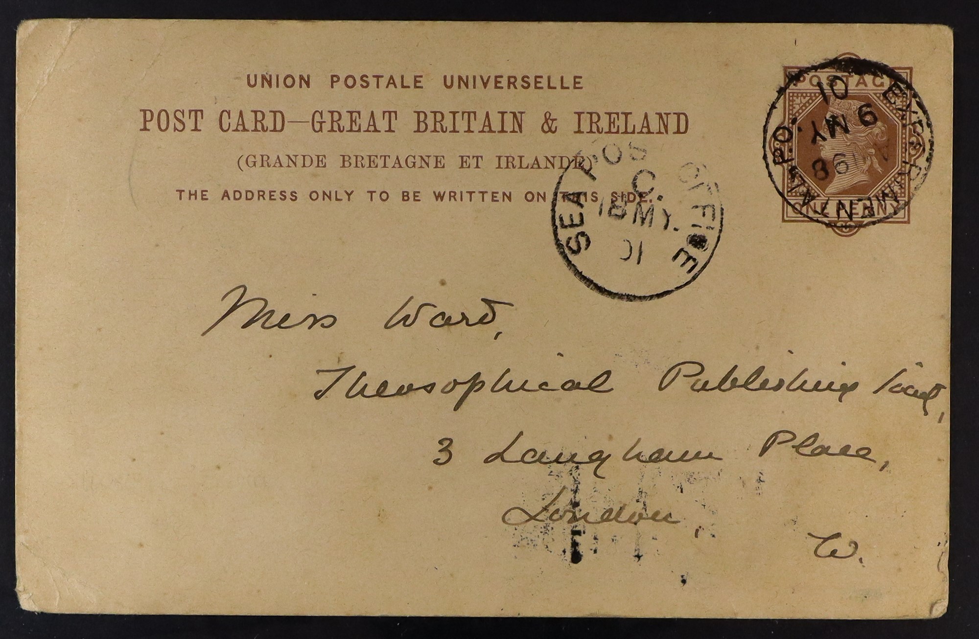 INDIA 1901 (9 May) GB 1d postal card to London, sent from Benares (now Varanasi) with comments