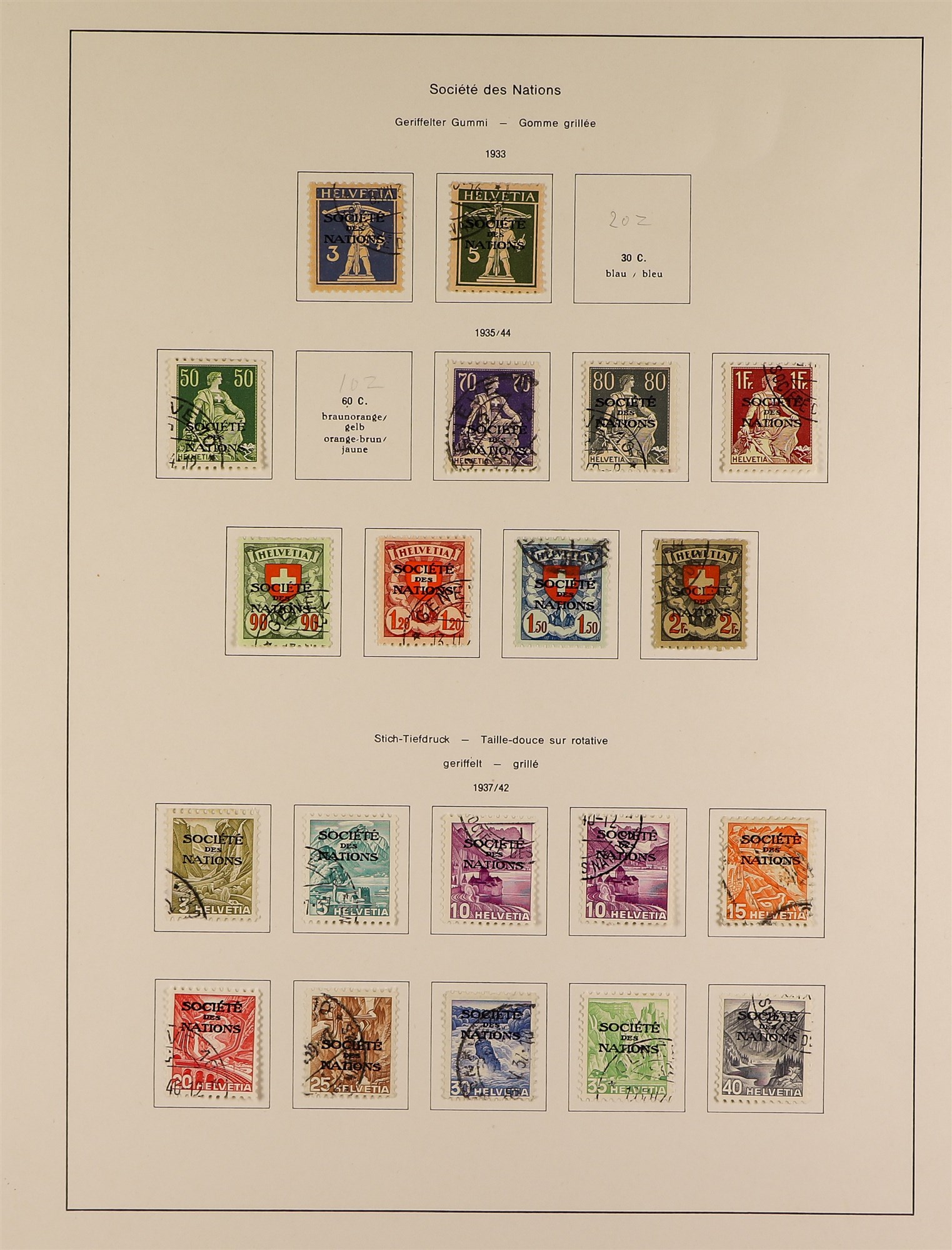 SWITZERLAND LEAGUE OF NATIONS 1922 - 1943 collection of 61 used stamps on album pages, note 1922- - Image 3 of 4