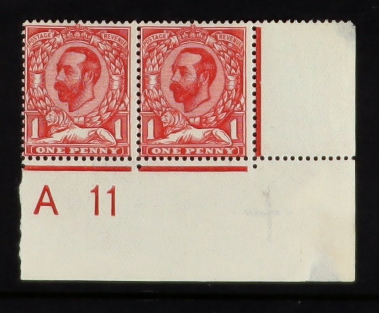 GB.GEORGE V 1911 1d carmine red Downey head, lower right "A11" pair, one showing pale area by