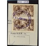 GB.GEORGE V 1915 2s6d brown De La Rue Seahorse vertical pair of this rare shade affixed to part R.