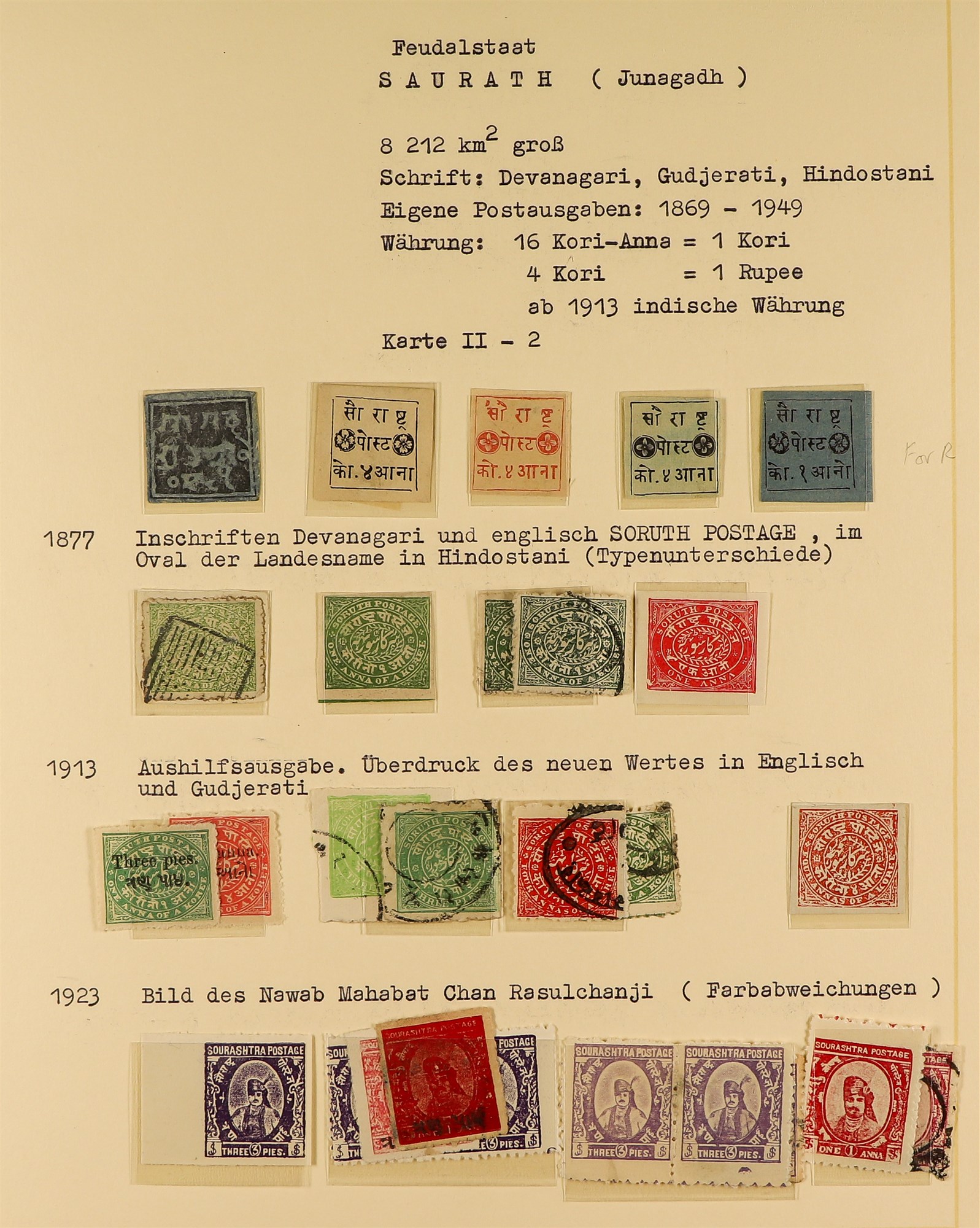 INDIAN FEUDATORY STATES SORUTH 1868 - 1949 mint and used collection of around 60 stamps on album