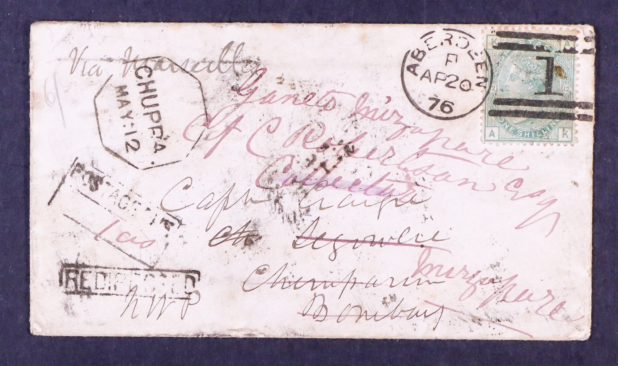 INDIA 1876 (20 Apr) env bearing 1s green stamp sent from Aberdeen, Scotland to 'Capt Craigie at