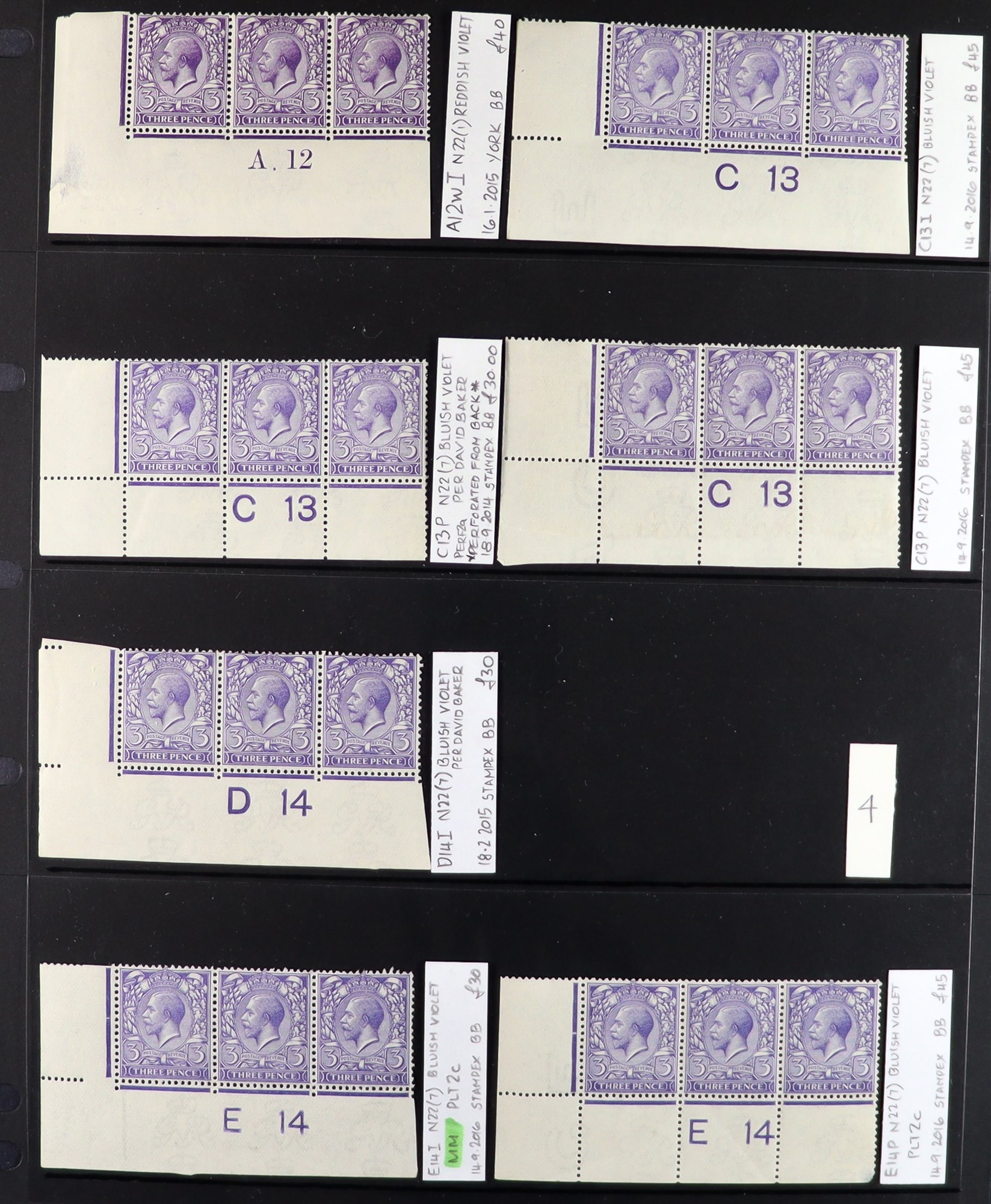 GB.GEORGE V 1912-24 3d VIOLETS - SPECIALIZED CONTROL NUMBERS COLLECTION of mint (much never hinged - Image 3 of 8
