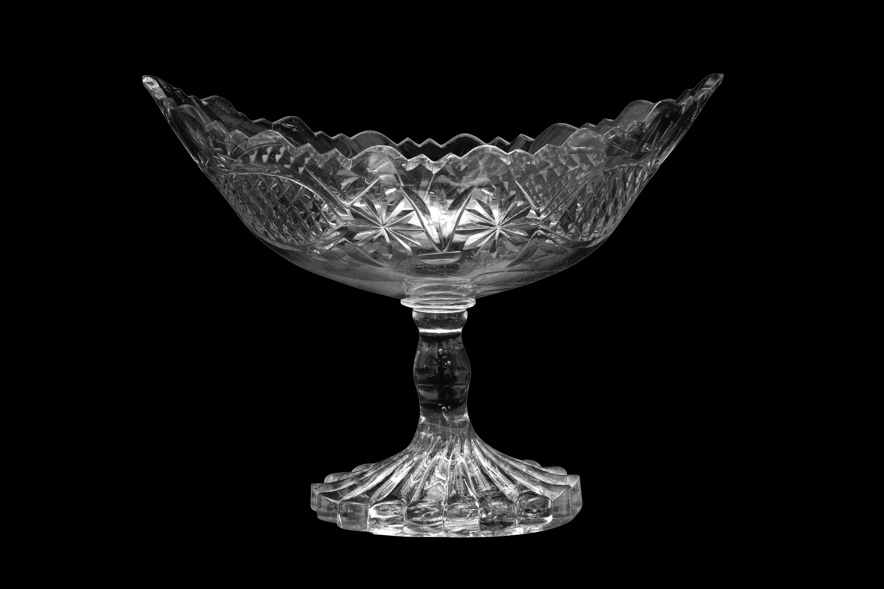 AN IRISH WATERFORD GLASS COMPORT OF NAVETTE FORM