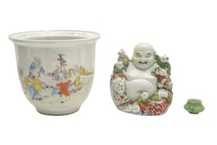 A CHINESE FAMILLE-ROSE JARDINIERE, FIGURE OF BUDDHA, AND A SMALL POT
