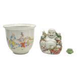 A CHINESE FAMILLE-ROSE JARDINIERE, FIGURE OF BUDDHA, AND A SMALL POT