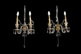 A PAIR OF NEOCLASSICAL REVIVAL CUT CRYSTAL TWO BRANCH WALL SCONCES, LATE 19TH /EARLY 20TH CENTURY