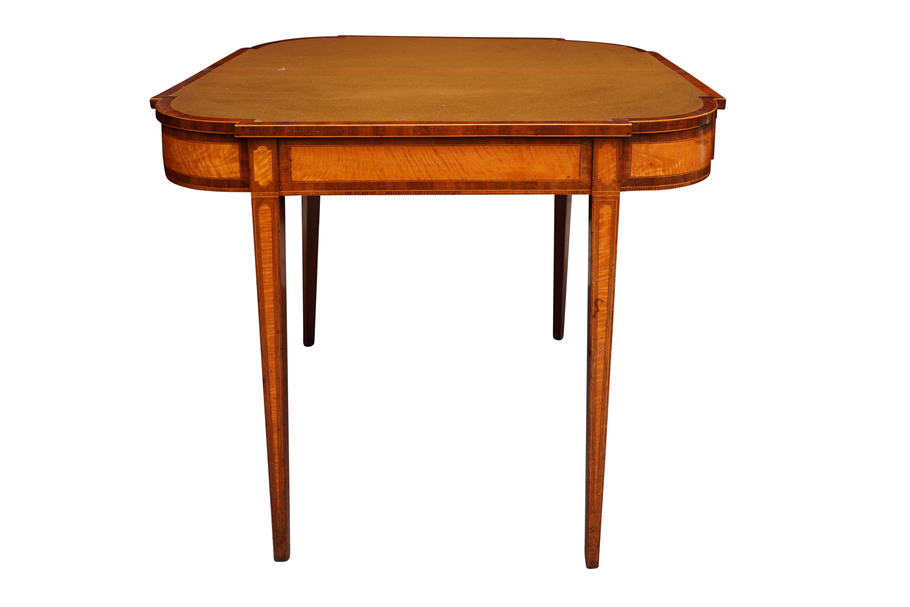 A PAIR OF GEORGE III SHERATON STYLE MAHOGANY AND SATINWOOD CARD TABLES - Image 4 of 5