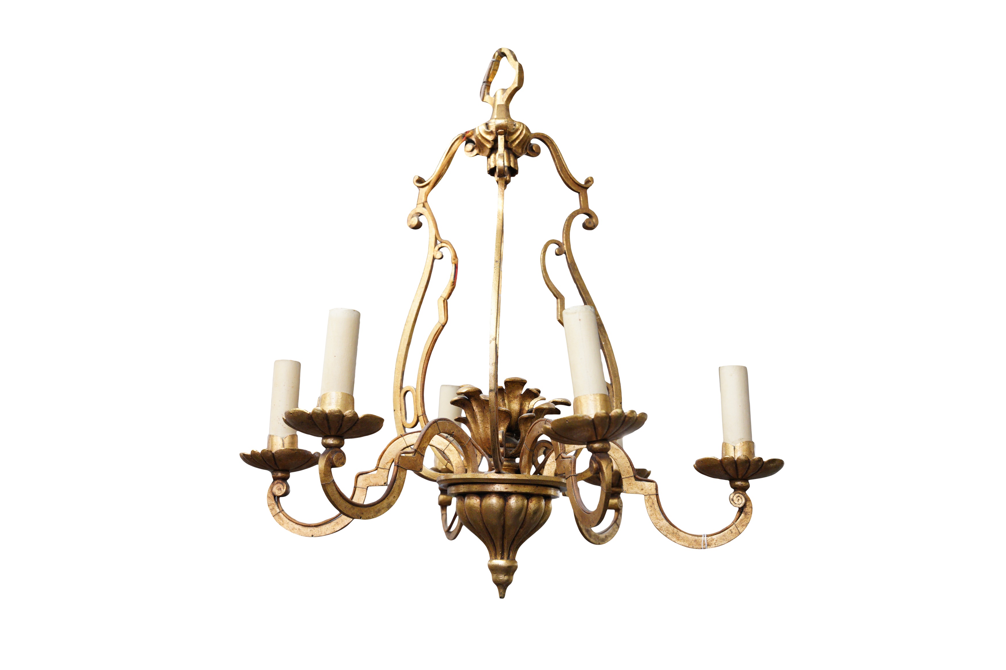 A GILT BRONZE SIX BRANCH CHANDELIER, PROBABLY SPANISH, LATE 19TH CENTURY