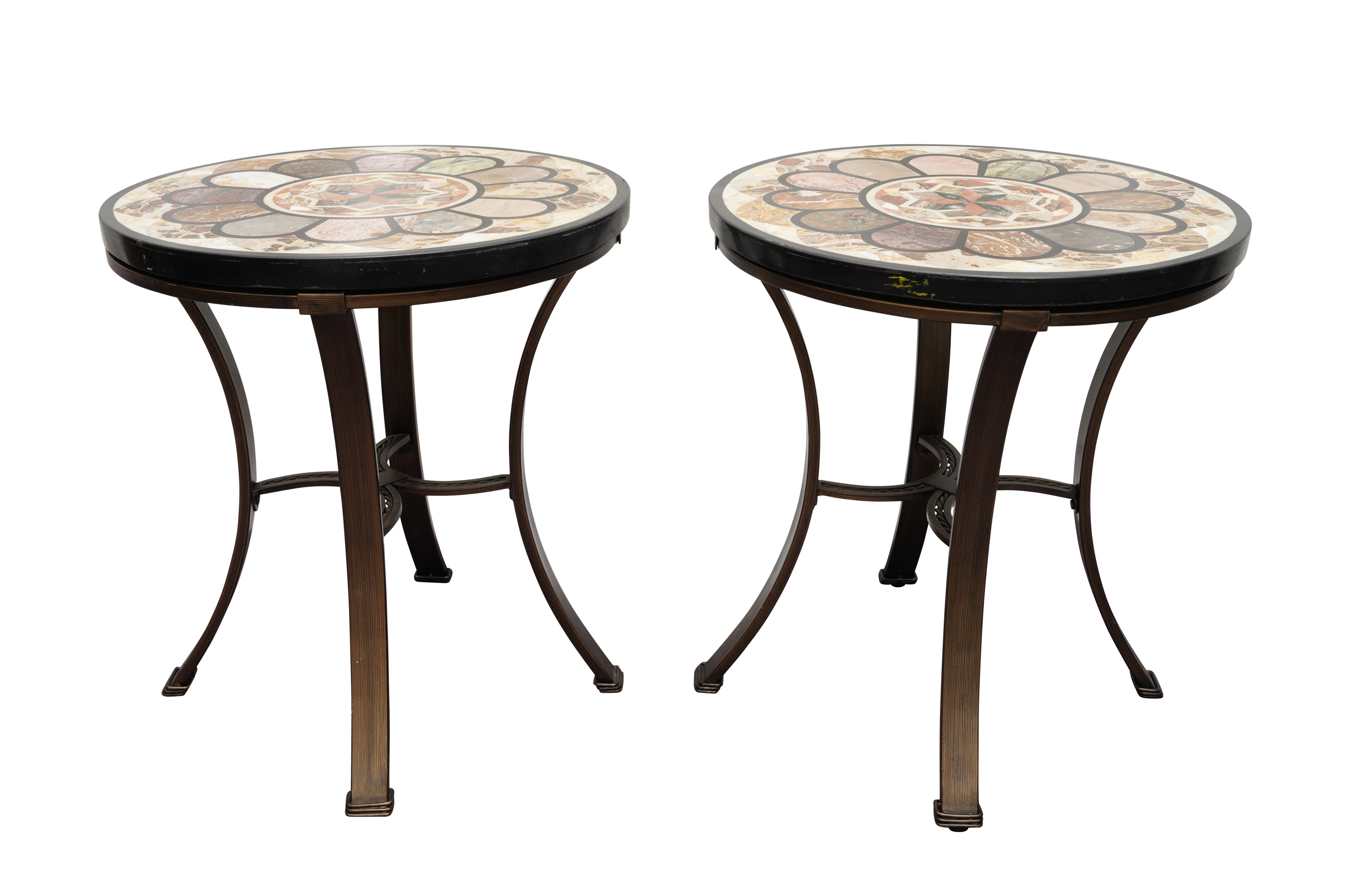 A PAIR OF CONTEMPORARY CIRCULAR OCCASIONAL TABLES WITH PIETRA DURA MARBLE TOPS