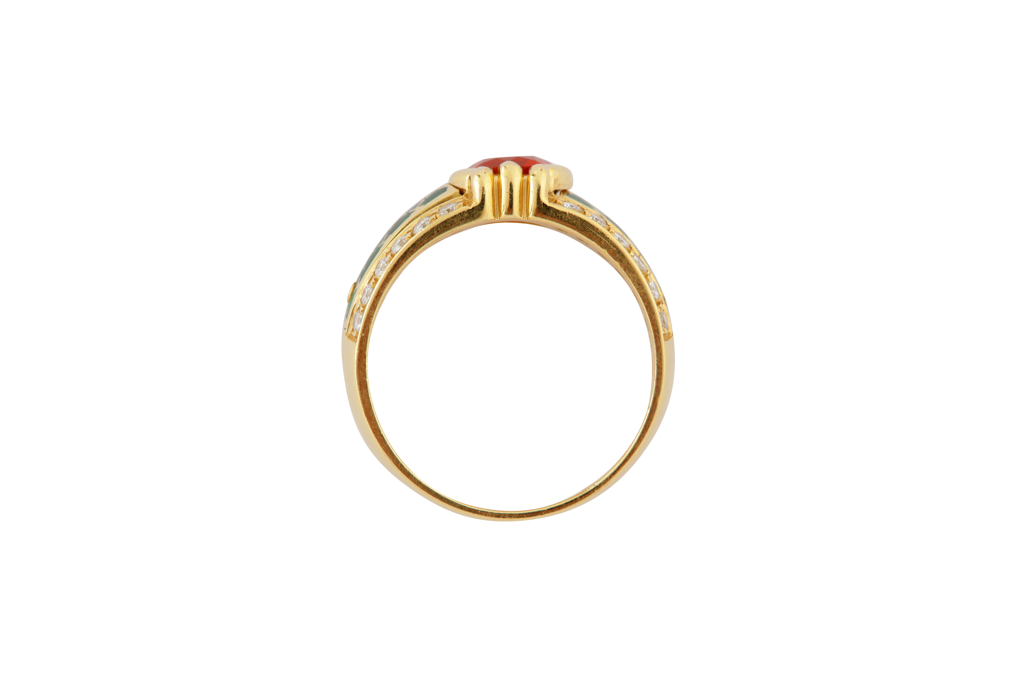 A FIRE OPAL, DIAMOND AND ENAMEL RING - Image 4 of 4