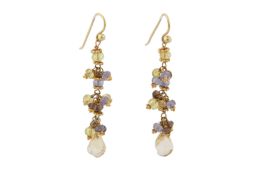 A PAIR OF MULTI-COLOURED SAPPHIRE AND CITRINE EARRINGS