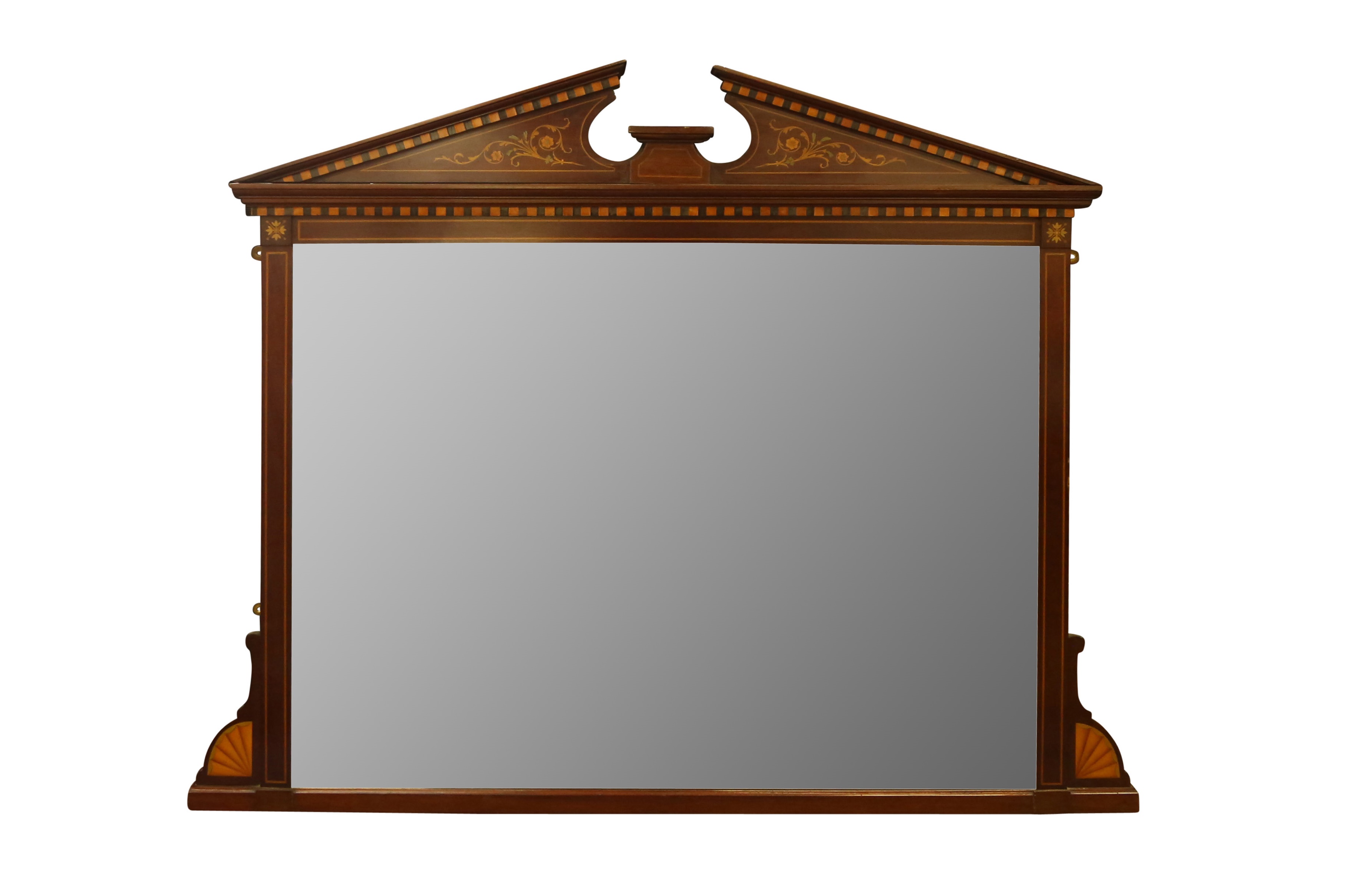 A MAHOGANY MARQUETRY INLAID OVERMANTEL MIRROR