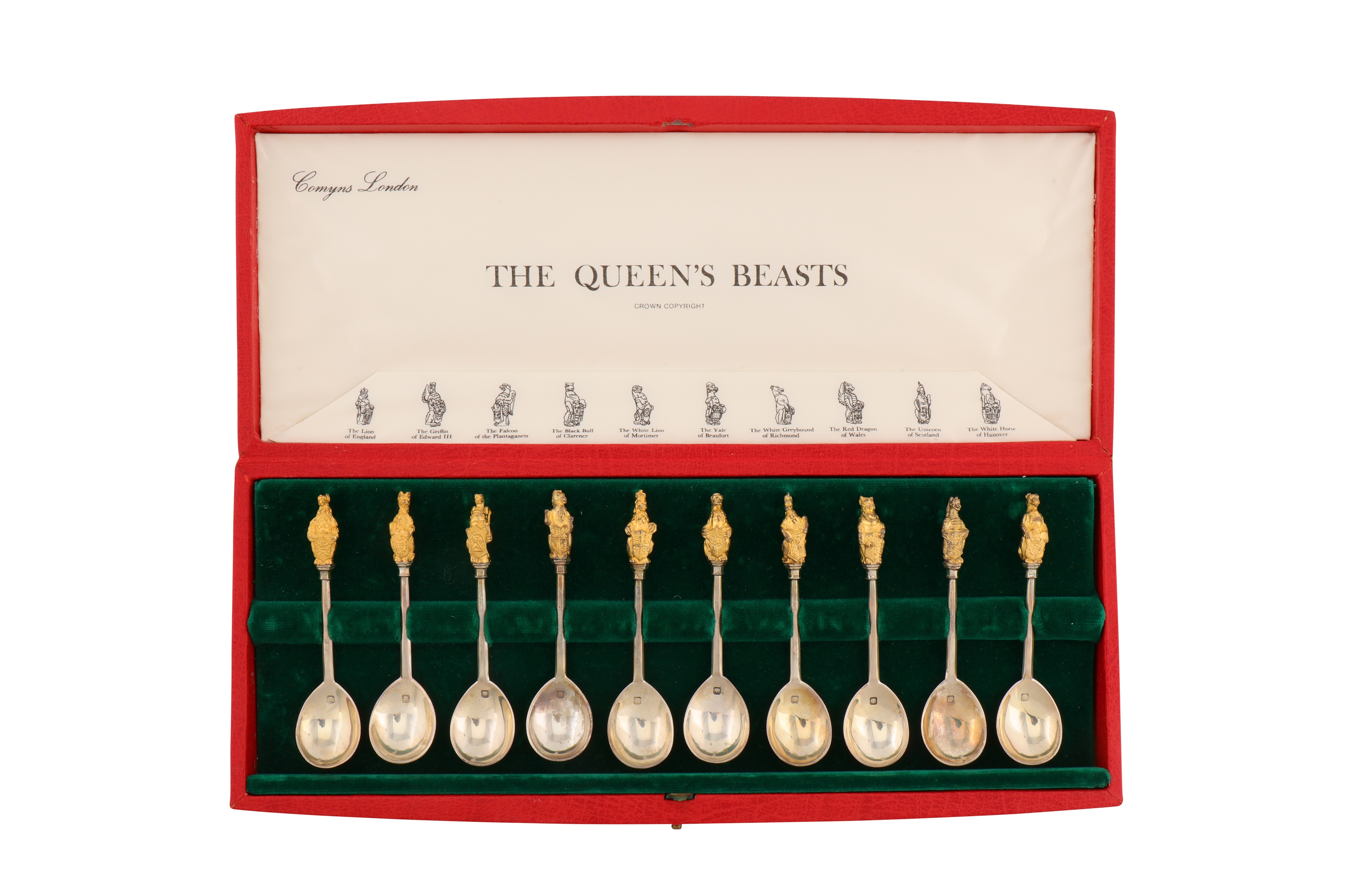 A cased set of Elizabeth II parcel gilt sterling silver Queen’s Beasts spoons, London 1972 by Comyns