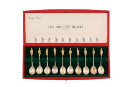 A cased set of Elizabeth II parcel gilt sterling silver Queen’s Beasts spoons, London 1972 by Comyns