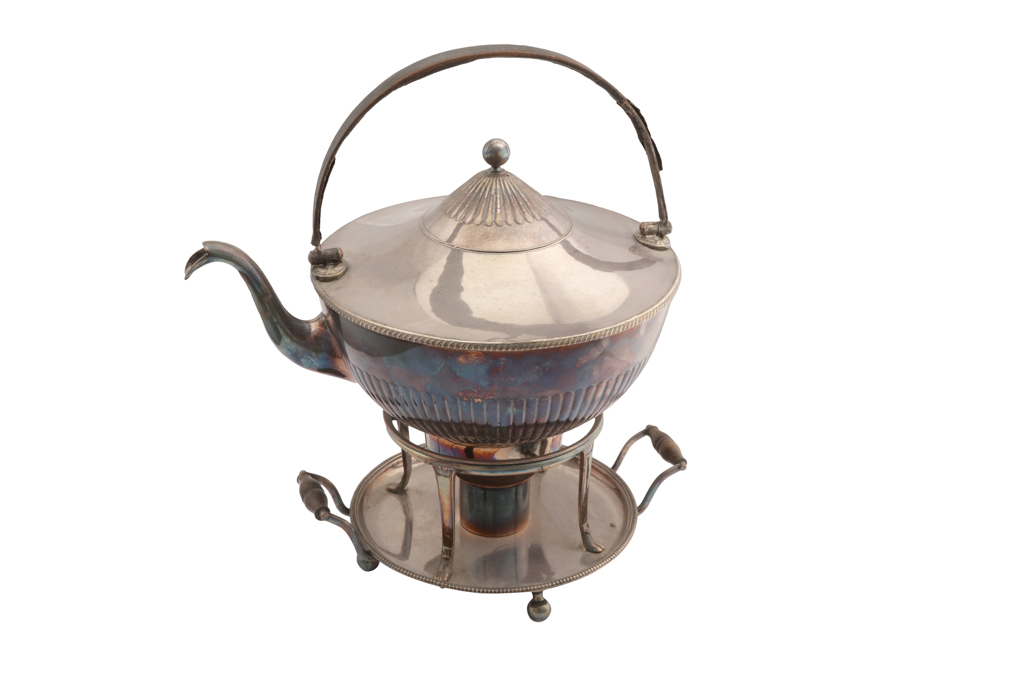 A GEORGE III OLD SHEFFIELD SILVER PLATE THREE QUART KETTLE AND BURNER STAND, CIRCA 1800 BY WATSON AN