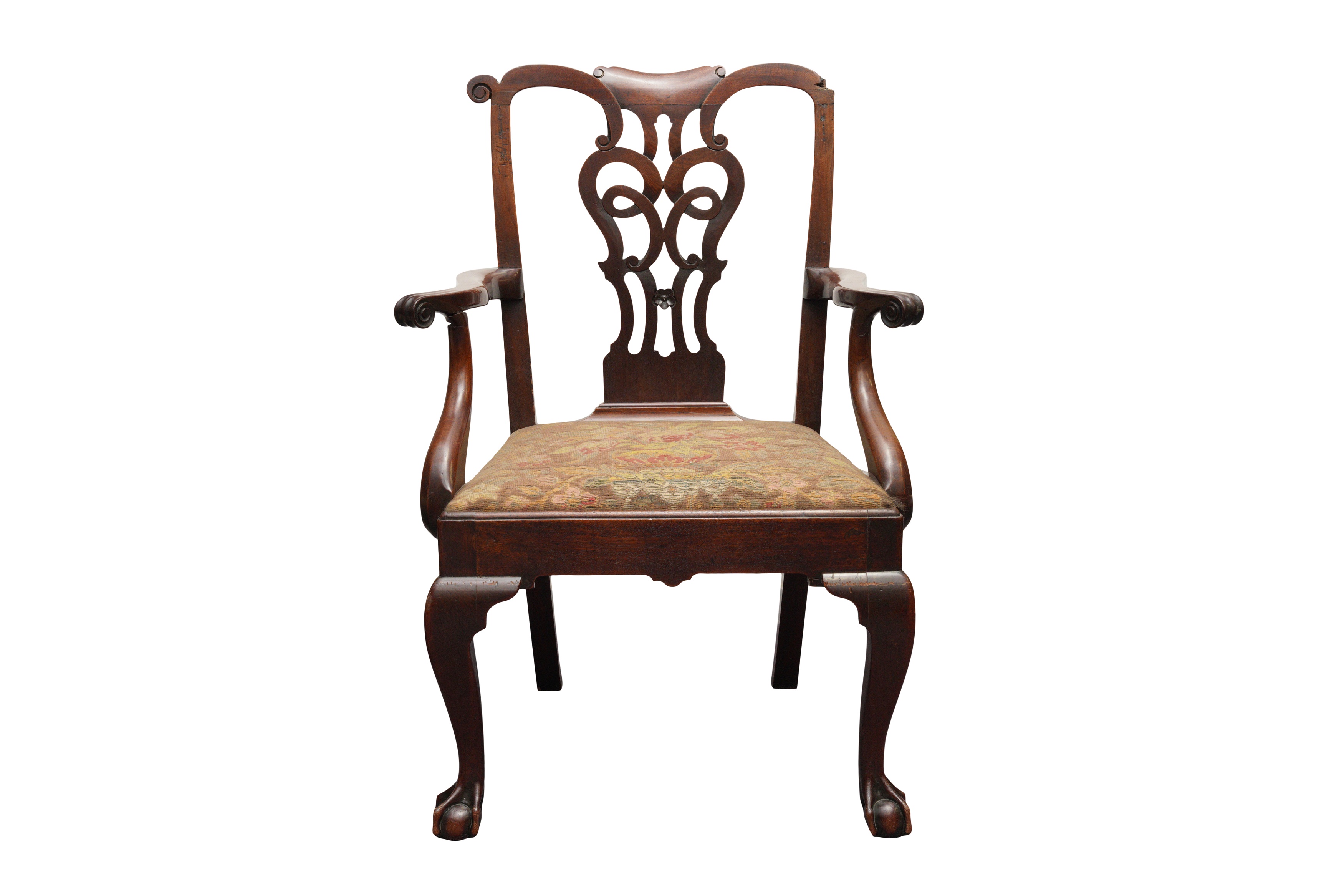 A GEORGE II / GEORGE III MAHOGANY OPEN ARMCHAIR, CIRCA 1760