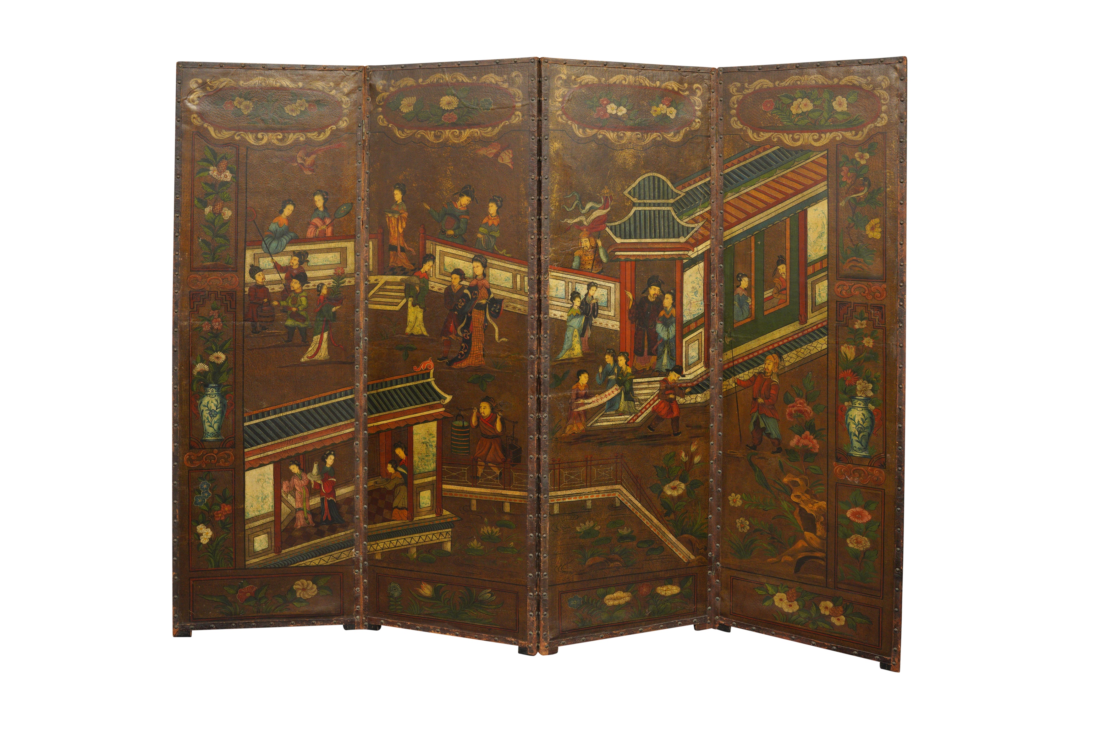 A DUTCH CHINOISERIE POLYCHROME PAINTED LEATHER FOUR PANEL ROOM SCREEN