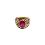 A SYNTHETIC CABOCHON RUBY RING