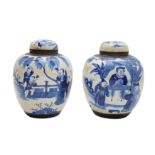 A PAIR OF CHINESE BLUE AND WHITE JARS AND COVERS