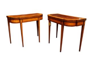 A PAIR OF GEORGE III SHERATON STYLE MAHOGANY AND SATINWOOD CARD TABLES