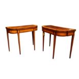 A PAIR OF GEORGE III SHERATON STYLE MAHOGANY AND SATINWOOD CARD TABLES