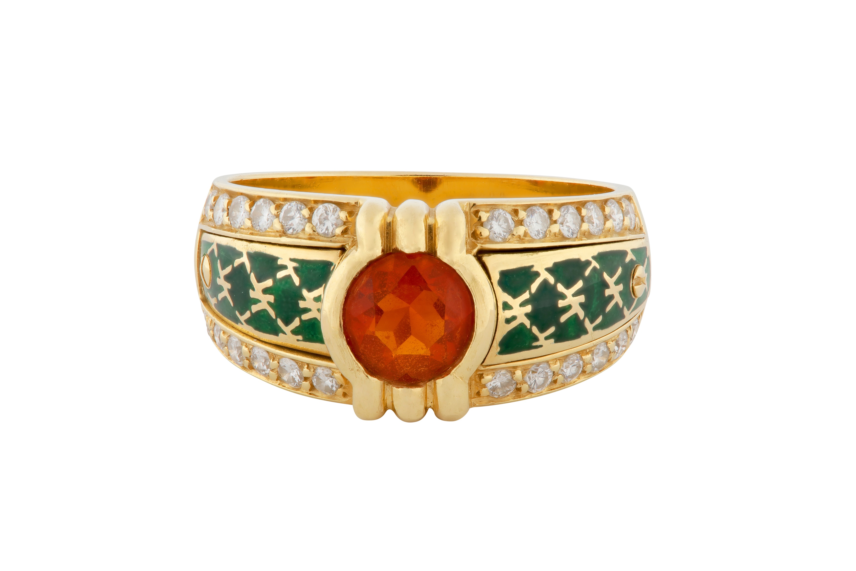 A FIRE OPAL, DIAMOND AND ENAMEL RING