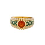 A FIRE OPAL, DIAMOND AND ENAMEL RING