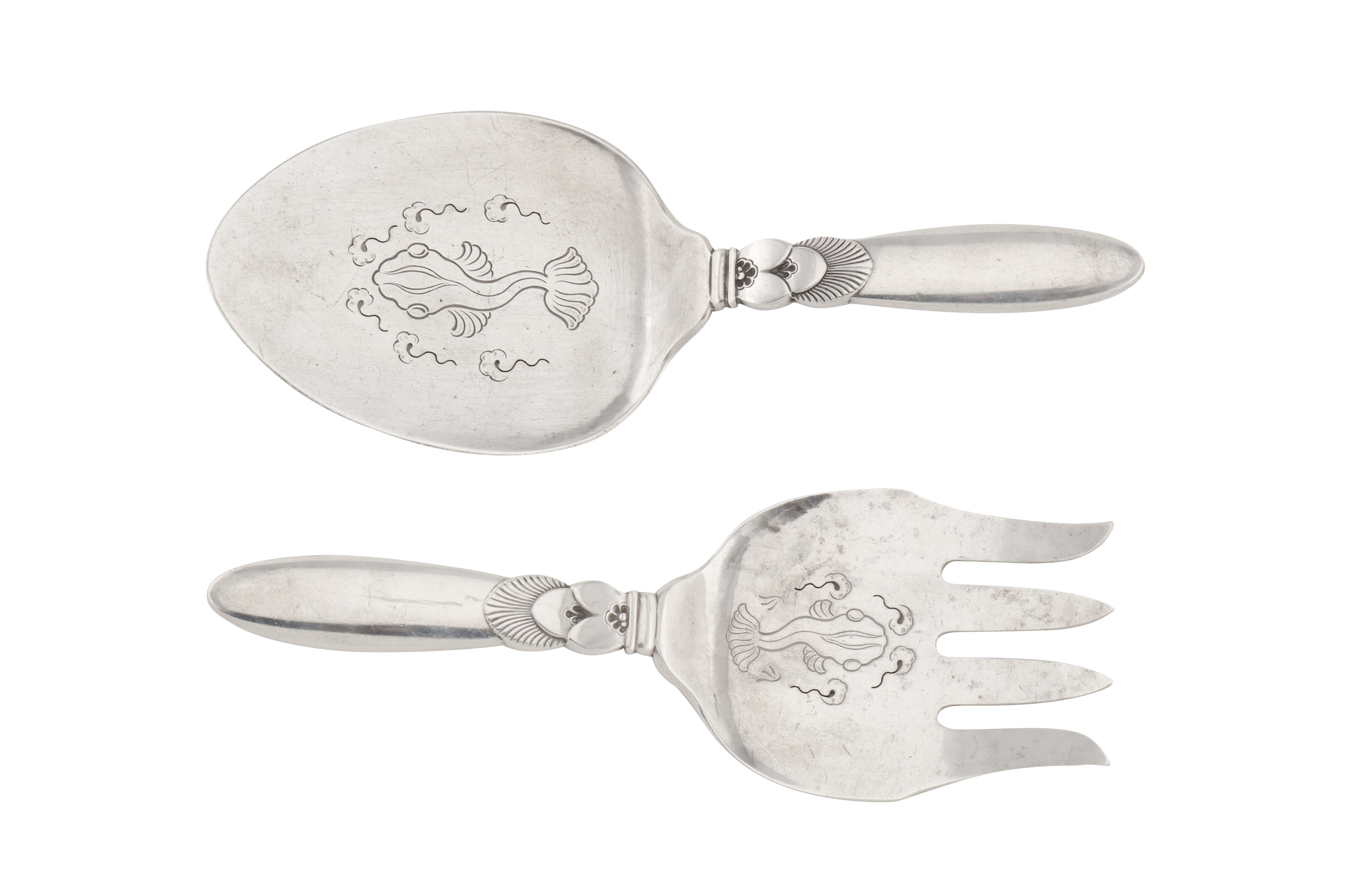 A pair of early 20th century Danish fish servers, Copenhagen 1933 by Gundorph Albertus for Georg Jen