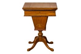 AN ITALIAN SORRENTO FIGURED WALNUT AND MARQUETRY INLAID WORK AND GAMES TABLE, LATE 19TH CENTURY