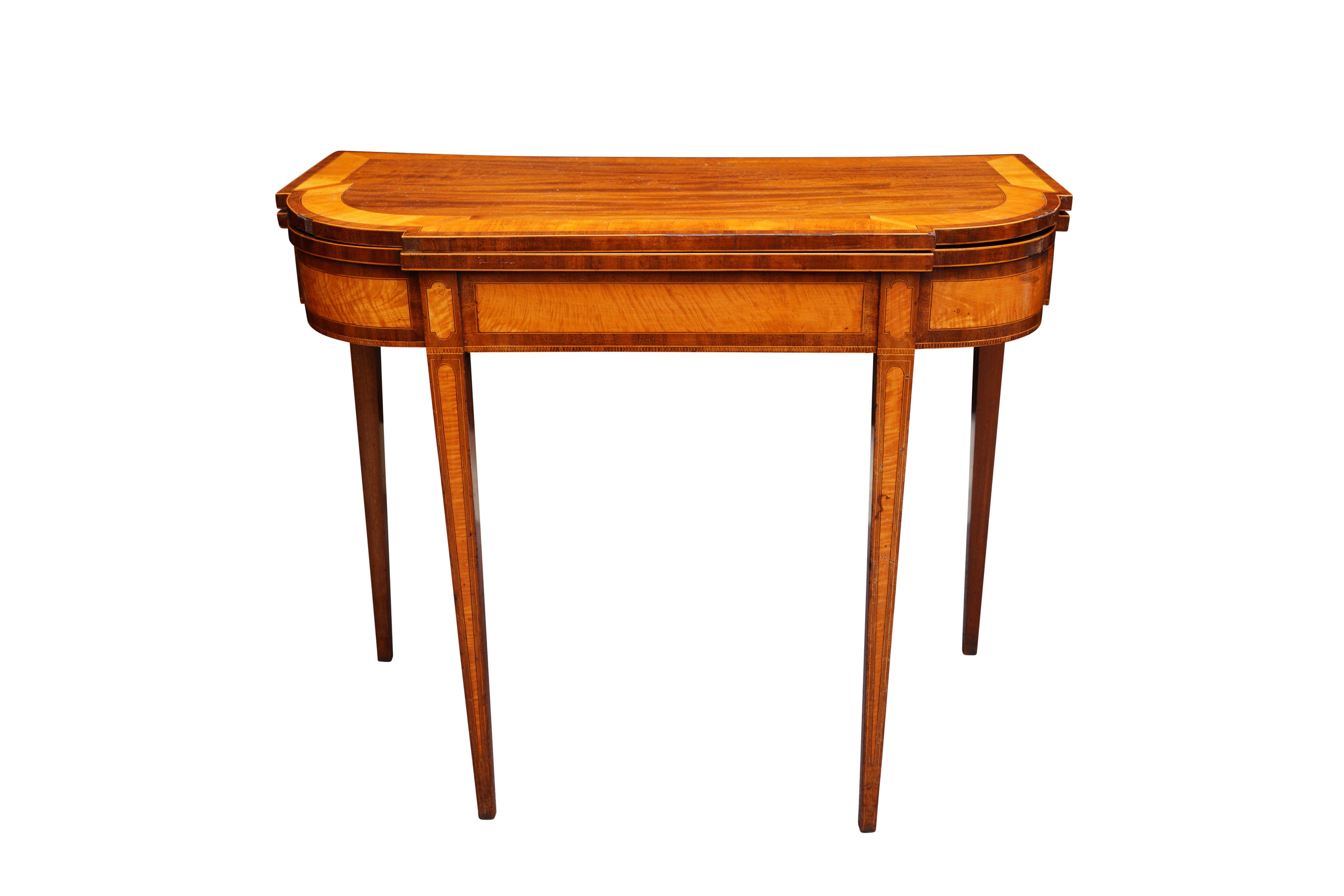 A PAIR OF GEORGE III SHERATON STYLE MAHOGANY AND SATINWOOD CARD TABLES - Image 2 of 5