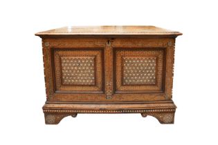 A 19TH CENTURY SPANISH INLAID ALLA CERTOSINA MARRIAGE CHEST OR CASSONE