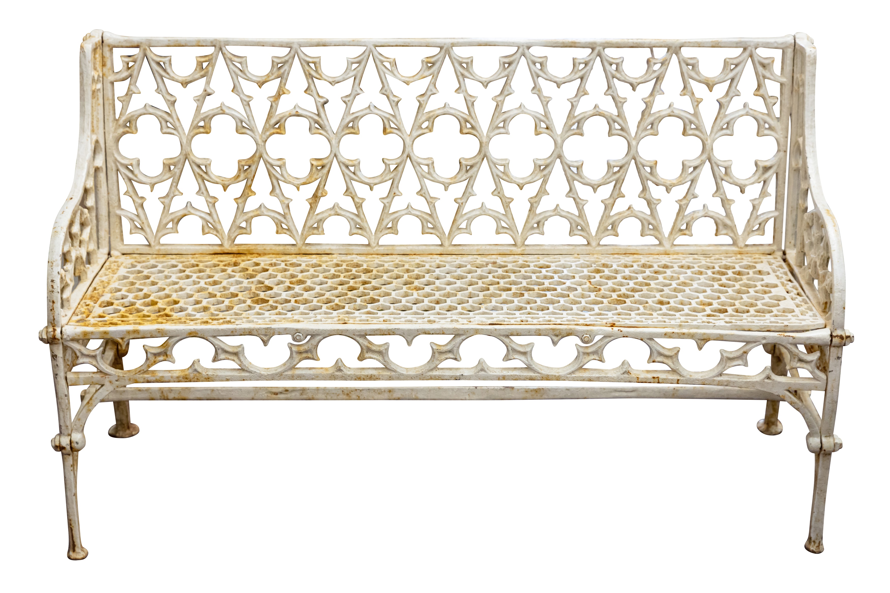 A CAST IRON GOTHIC REVIVAL COALBROOKDALE STYLE WHITE PAINTED GARDEN BENCH, 19TH CENTURY