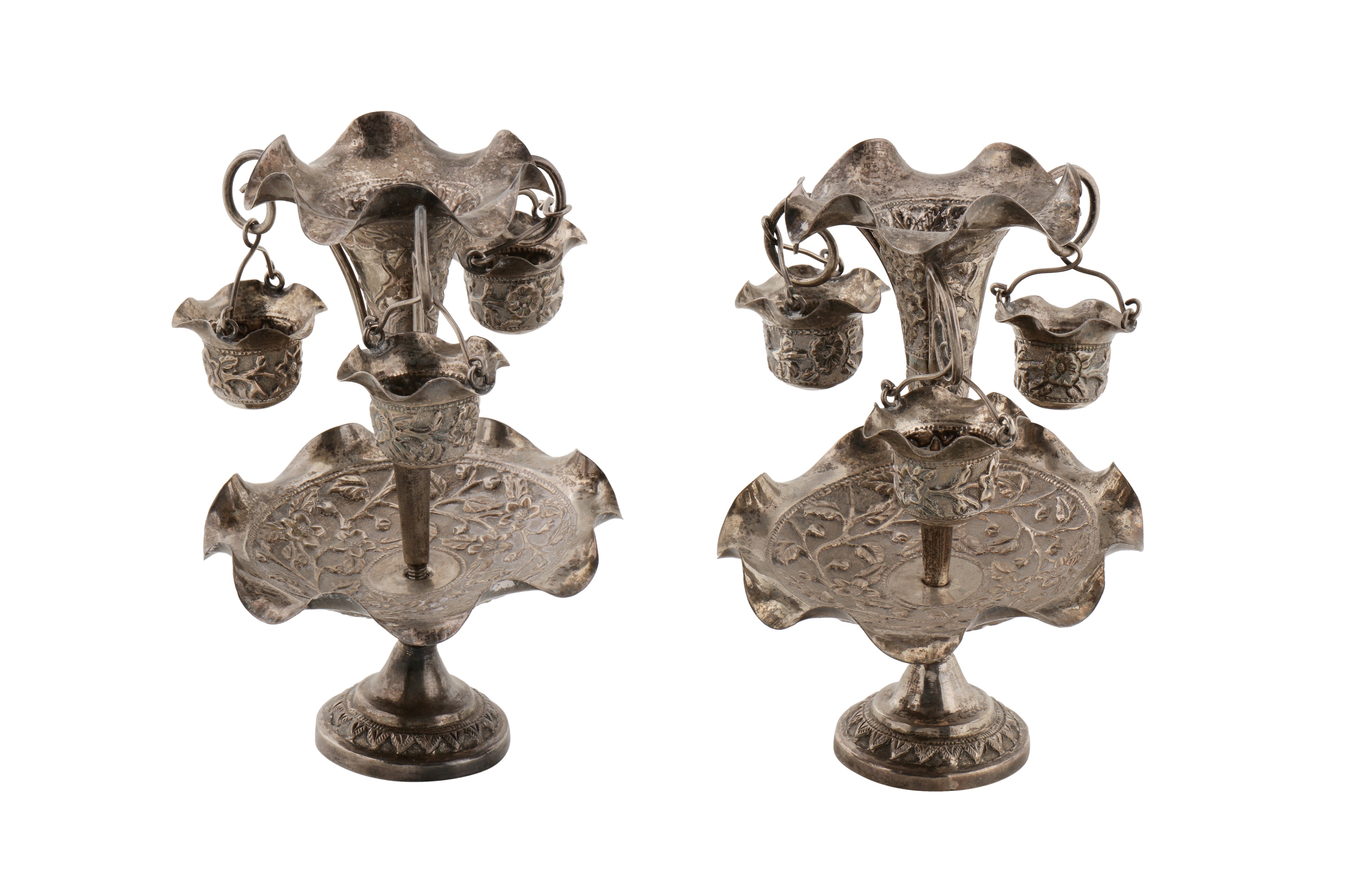 A pair of early 20th century Anglo – Indian unmarked silver small epergnes, Bombay circa 1930