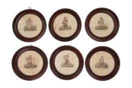 A SET OF SIX EARLY 19TH CENTURY ROUND PRINTS IN MAHOGANY FRAMES 