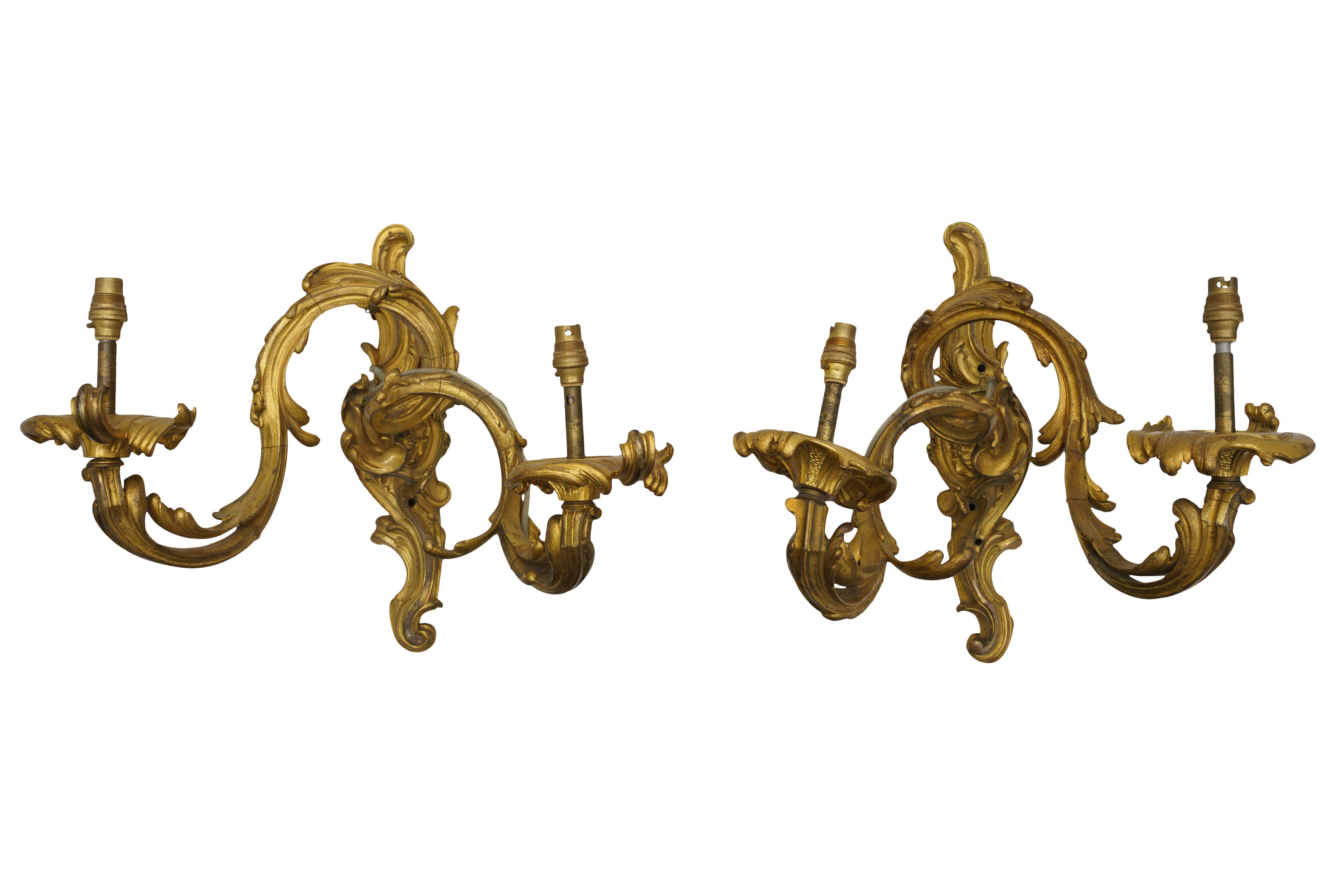 A PAIR OF GILT BRONZE ORMOLU TWIN BRANCH WALL SCONCES IN THE ROCOCO MANNER - Image 2 of 5