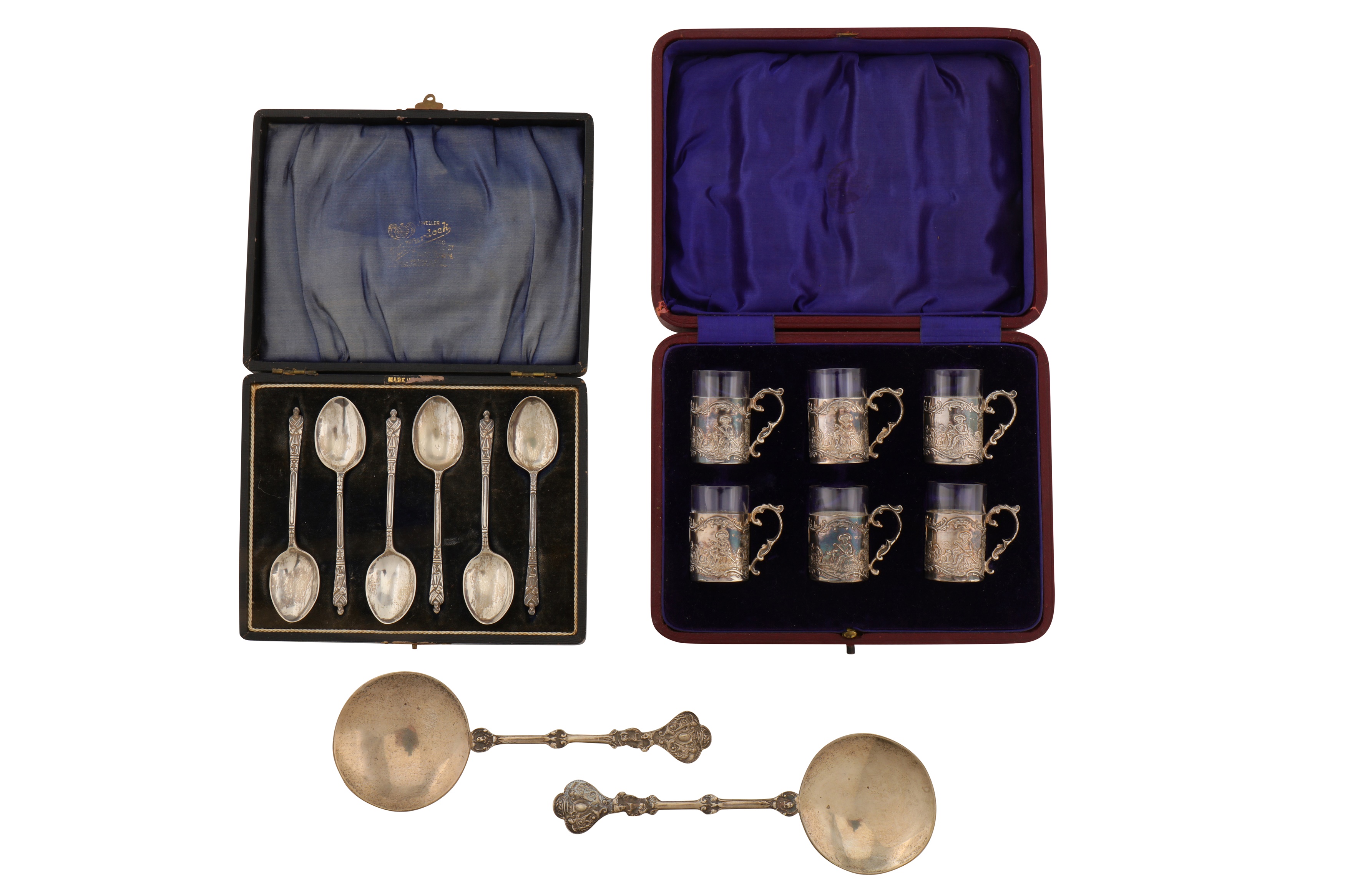 A cased set of George V sterling silver mounted liqueur glasses, Sheffield 1911 by James Dixon and S