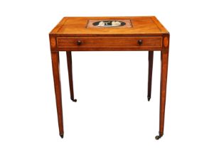 A GEORGE III SHERATON STYLE MAHOGANY, SATINWOOD CROSS BANDED AND SCAGLIOLA INLAID SIDE TABLE