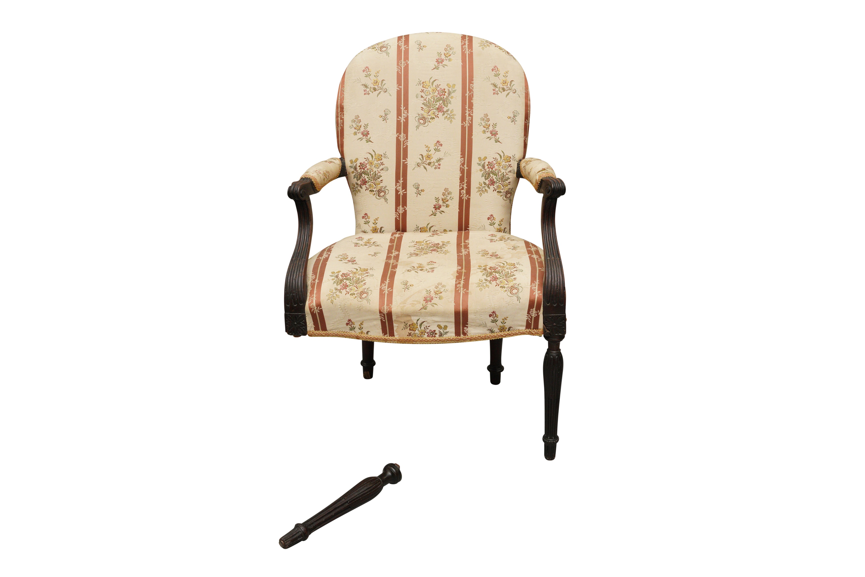 A GEORGE III MAHOGANY AND UPHOLSTERED OPEN ARMCHAIR, CIRCA 1770