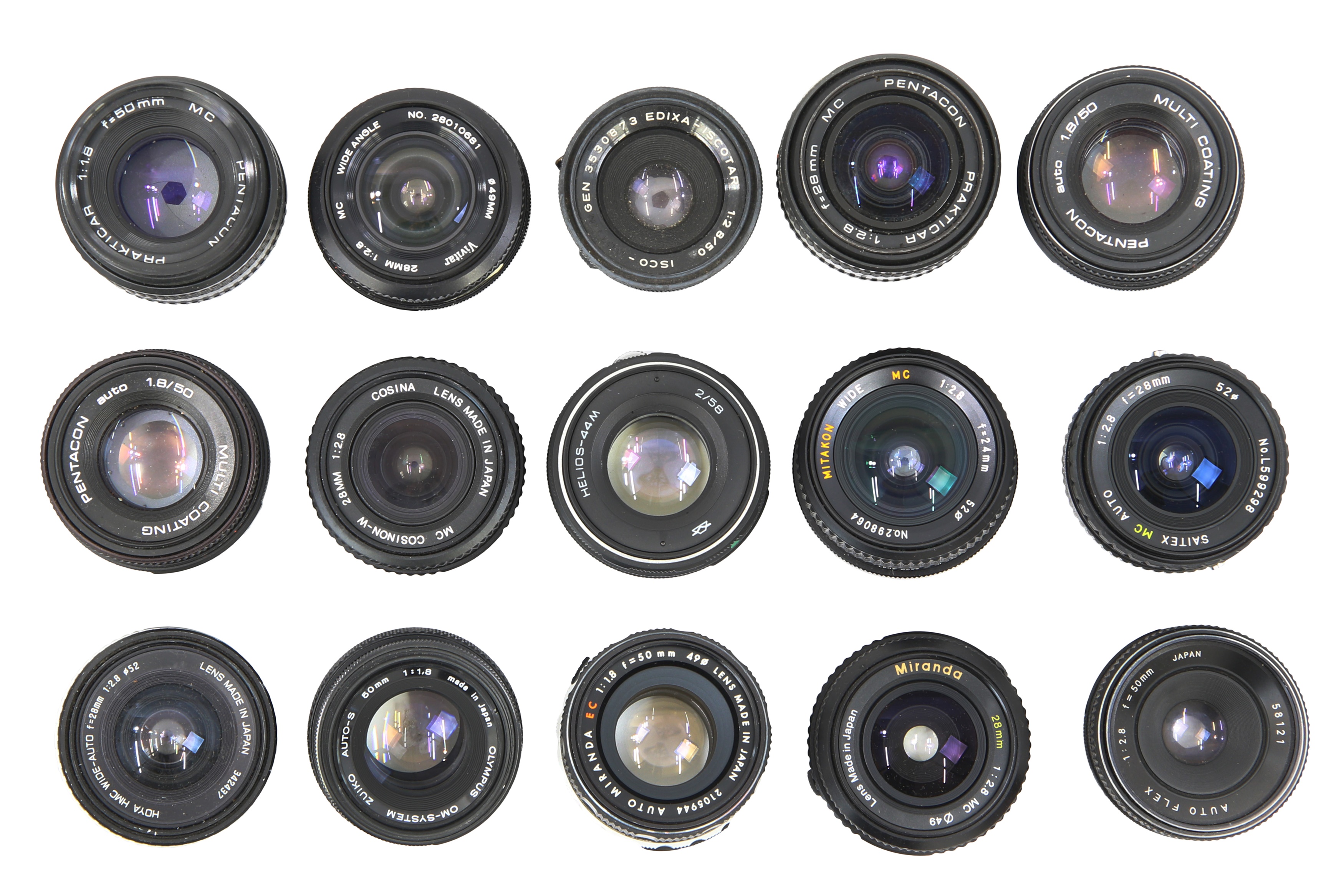 Fifteen 35mm Camera Prime Lenses.