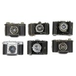 Six 35mm Folding Cameras with Semi Leotax 'Made in Occupied Japan'.